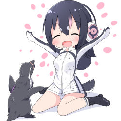 Rule 34 | 10s, 1girl, :d, \o/, ^ ^, animal, arms up, bird, bird tail, black hair, blush, closed eyes, grape-kun, happy, headphones, humboldt penguin, humboldt penguin (kemono friends), jacket, kemono friends, long hair, makuran, open mouth, outstretched arms, penguin, sitting, smile, tail, wariza