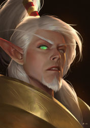 Rule 34 | 1boy, armor, blood elf (warcraft), colored sclera, elf, facial hair, glowing, glowing eyes, green eyes, green sclera, huabinwang, long pointy ears, lor&#039;themar theron, male focus, pointy ears, ponytail, portrait, warcraft