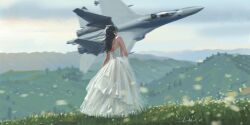 Rule 34 | 1girl, aircraft, airplane, bare shoulders, black hair, dress, facing away, fighter jet, highres, j-16, jet, long hair, military vehicle, mountainous horizon, nozzle, original, people&#039;s liberation army, people&#039;s liberation army air force, shouhui lang qun, signature, solo, wedding dress