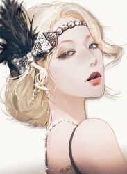 Rule 34 | 1girl, black eyes, black eyeshadow, blonde hair, bow, eyeshadow, feathers, from side, g-i-dle, hair bun, highres, hoki11, jewelry, k-pop, looking at viewer, makeup, mole, mole under eye, necklace, nxde (g-i-dle), parted lips, real life, single hair bun, solo, yeh shuhua