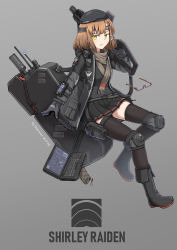 Rule 34 | 1girl, absurdres, beret, boots, brown hair, character name, chinese commentary, commentary request, computer, unworn eyewear, glasses, gloves, green eyes, gun, hair ornament, hairclip, handgun, hat, headband, highres, holding, holding gun, holding weapon, holster, holstered, jacket, knee pads, laptop, magazine (weapon), original, pistol, pleated skirt, scarf, science fiction, sherman (egnk2525), simple background, skirt, solo, thigh holster, thighhighs, weapon, wrist computer