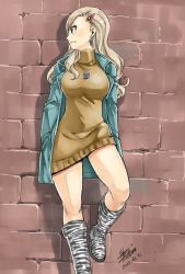 Rule 34 | 1girl, against wall, blue coat, boots, breasts, brown sweater, coat, dress, earrings, eden&#039;s zero, hair ornament, hairclip, hands in pockets, jewelry, large breasts, leg up, long hair, looking to the side, mashima hiro, necklace, official art, open clothes, open coat, rebecca bluegarden, signature, silver hair, solo, standing, sweater, sweater dress