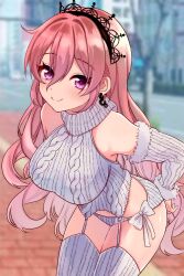 Rule 34 | 1girl, argyle, argyle clothes, argyle sweater, bow, breasts, detached sleeves, earrings, fur-trimmed sleeves, fur trim, hair between eyes, highres, jewelry, large breasts, long hair, meme attire, panties, phase connect, pink hair, purple eyes, ribbed panties, ribbed thighhighs, runie ruse, second-party source, sleeveless, sleeveless sweater, smile, solo, sweater, thighhighs, tiara, underwear, urami0310, virgin destroyer sweater, white bow, white panties, white sleeves, white thighhighs