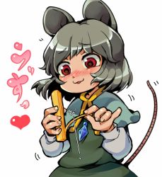 Rule 34 | 1girl, :3, :d, animal ears, blush, capelet, cheese, fingernails, food, furrowed brow, grey hair, heart, ifelt (tamaki zutama), jewelry, long sleeves, motion lines, mouse ears, mouse tail, nazrin, nose blush, open mouth, pendant, red eyes, short hair, simple background, smile, solo, tail, tail raised, touhou, white background