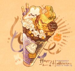 Rule 34 | 2022, animal-themed food, artist name, cantaloupe, cantaloupe slice, chocolate chip, commentary, cookie, emphasis lines, english commentary, english text, food, food focus, fruit, ghost, gold ribbon, halloween, happy halloween, highres, ice cream, ice cream cone, jack-o&#039;-lantern, marshmallow, nao (bestrollever), no humans, orange background, original, pocky, purple ribbon, ribbon, simple background, sparkle, star (symbol), trick or treat