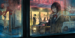 Rule 34 | 1boy, 3girls, black hair, black jacket, bow, bowtie, brown eyes, bubble tea, car, catzz, collared shirt, commentary request, cup, disposable cup, drinking straw, hand in pocket, headphones, highres, holding, holding cup, hood, hood down, hooded jacket, jacket, looking away, milk tea, motor vehicle, multiple girls, neon lights, night, open clothes, open jacket, original, outdoors, rain, shirt, short hair, standing, water drop, white shirt, window
