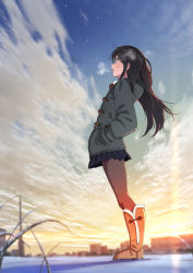 Rule 34 | 1girl, black skirt, blue sky, blush, boots, brown footwear, brown hair, brown pantyhose, cityscape, cloud, cloudy sky, domo1220, green jacket, hand in pocket, hood, hood down, hooded jacket, jacket, knee boots, leaning forward, long hair, long sleeves, looking away, original, outdoors, pantyhose, parted lips, pleated skirt, profile, skirt, sky, snow, solo, standing, sunset, very long hair