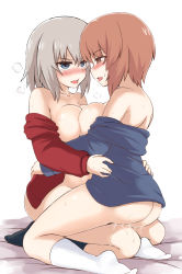 Rule 34 | 10s, 2girls, ass, bed, black legwear, blue eyes, blue shirt, blush, breast press, breasts, brown eyes, brown hair, clothes pull, full body, girls und panzer, hug, itsumi erika, kneeling, large breasts, long hair, long sleeves, looking at another, medium breasts, multiple girls, nishizumi miho, no pants, off shoulder, open clothes, open mouth, open shirt, pussy juice, red shirt, saliva, saliva trail, shanaharuhi, shirt, shirt pull, short hair, silver hair, socks, straddling, sweat, symmetrical docking, tearing up, tears, white background, white legwear, yuri