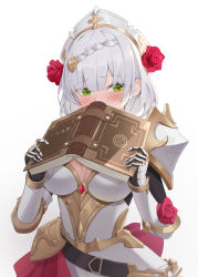 Rule 34 | 1girl, amco, armor, armored dress, belt, blush, book, braid, breasts, cleavage, commentary request, dress, embarrassed, flower, gauntlets, genshin impact, green eyes, hair flower, hair ornament, hat, highres, holding, holding book, large breasts, looking away, looking to the side, noelle (genshin impact), open book, red flower, red rose, rose, short hair, shoulder armor, silver hair, simple background, solo, upper body, white background, white dress, white hat