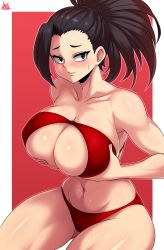 Rule 34 | 1girl, absurdres, artist name, bare shoulders, bikini, black eyes, black hair, blush, boku no hero academia, breast hold, breasts, bursting breasts, cameltoe, cleavage, cleavage cutout, cleft of venus, close-up, clothing cutout, collarbone, covered erect nipples, curvy, eyelashes, feet out of frame, female focus, grabbing, hair over face, hands on own breasts, high ponytail, highres, holding own breasts, hourglass, jmg, long hair, looking at viewer, matching hair/eyes, multicolored background, narrow waist, navel, nose blush, out of frame, ponytail, pussy, raised eyebrows, rectangle, red background, red bikini, red swimsuit, shiny, shiny hair, shiny skin, signature, simple background, sitting, skindentation, solo, squeeze, squeezing, squeezing breasts, strapless, strapless bikini, strapless swimsuit, superhero, sweatdrop, swimsuit, thick thighs, thigh gap, thighs, two-tone background, yaoyorozu momo
