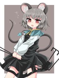 Rule 34 | 1girl, animal ears, black dress, blue capelet, bright pupils, capelet, chups, dowsing rod, dress, grey background, grey hair, highres, jewelry, long sleeves, looking at viewer, mouse (animal), mouse ears, mouse tail, nazrin, open mouth, pendant, red eyes, shirt, short hair, simple background, solo, tail, teeth, touhou, white shirt, white sleeves