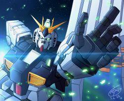 Rule 34 | char&#039;s counterattack, commentary, english commentary, fin funnels, foreshortening, funnels (gundam), glowing, green eyes, gundam, hand up, mecha, mobile suit, no humans, nu gundam, ongget1, robot, rx-78-2, science fiction, sky, solo, space, star (sky), starry sky