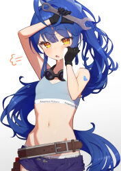 1girl absurdres ahoge alternate_costume alternate_hairstyle amamiya_kokoro arm_tattoo arm_up bandaid_on_thigh bare_shoulders belt belt_buckle blue_shorts blue_sports_bra blush brown_belt buckle character_name commentary_request cowboy_shot fang flat_chest goggles goggles_around_neck heart heart_tattoo highres holding holding_wrench long_hair looking_down lunch_boxer midriff navel nijisanji open_mouth orange_eyes ponytail short_shorts shorts simple_background skin_fang solo sports_bra stomach tattoo towel virtual_youtuber white_background wiping_sweat wrench