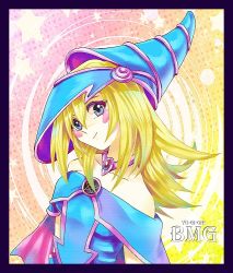 Rule 34 | 1girl, amiko, bad id, bad pixiv id, bare shoulders, blonde hair, blue eyes, blush, character name, copyright name, dark magician girl, duel monster, gradient background, hat, jewelry, necklace, pentacle, pink background, solo, yellow background, yu-gi-oh!, yu-gi-oh! duel monsters