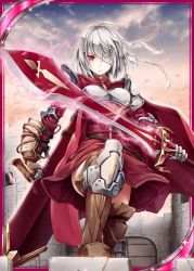 Rule 34 | 1girl, akkijin, armor, boots, breasts, cape, card (medium), cloud, cloudy sky, dawn, holding, holding sword, holding weapon, injury, knight, looking at viewer, medium breasts, official art, outdoors, red cape, red eyes, shinkai no valkyrie, short hair, silver hair, sky, sword, weapon