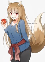 Rule 34 | 1girl, absurdres, animal ear fluff, animal ears, apple, arm behind back, bitten apple, black pants, blue shirt, blunt bangs, blush, brown hair, collarbone, commentary, cowboy shot, eyelashes, fang, food, food bite, fruit, grin, hand up, highres, holding, holding food, holding fruit, holo, long hair, long sleeves, looking at viewer, pants, red eyes, shirt, sidelocks, simple background, smile, solo, spice and wolf, straight hair, sweet spice tea, tail, tail raised, tsurime, very long hair, white background, wolf ears, wolf girl, wolf tail