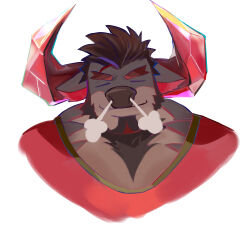 Rule 34 | 1boy, = =, absurdres, animal ears, bad id, bad weibo id, bara, character request, chest hair, cow ears, cow horns, cropped torso, crystal horns, forked eyebrows, furry, furry male, highres, horns, large pectorals, live a hero, mature male, minotaur, muscular, muscular male, pectorals, red shirt, shirt, smile, solo, steam from nose, thick eyebrows, zhoye (nakanoaaww)