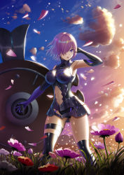 Rule 34 | 1girl, absurdres, armored leotard, armpits, black leotard, black thighhighs, blue sky, breasts, breasts apart, clothing cutout, cloud, day, elbow gloves, fate/grand order, fate (series), floating hair, flower, from below, fujifuji924, gloves, gluteal fold, hair over one eye, hand in own hair, highres, holding, holding shield, large breasts, leotard, mash kyrielight, midriff, navel, navel cutout, outdoors, parted lips, petals, purple eyes, purple flower, purple hair, red flower, shield, short hair, sky, solo, standing, stomach, sunlight, thigh strap, thighhighs, white flower