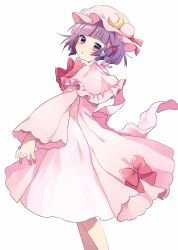 Rule 34 | 1girl, alternate hair length, alternate hairstyle, bad id, bad twitter id, blush, bow, bowtie, capelet, crescent, crescent hair ornament, dress, from behind, hair bow, hair ornament, hat, looking at viewer, mob cap, parted lips, patchouli knowledge, pink dress, purple eyes, purple hair, short hair, touhou, twirl, vanilla (miotanntann)