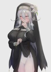 Rule 34 | 1girl, blush, breasts, clenched hand, commentary request, grey hair, hand on own face, highres, jewelry, large breasts, lifting own clothes, long hair, looking to the side, necklace, nikumochu, nun, original, panties, panties under pantyhose, pantyhose, purple eyes, simple background, solo, underwear, white panties, white pantyhose