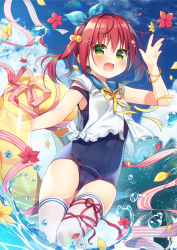 Rule 34 | 1girl, :d, arm up, bangle, bare arms, blue one-piece swimsuit, blue ribbon, blue sailor collar, blush, bracelet, commentary, day, fang, flower, green eyes, hair between eyes, hair bobbles, hair ornament, hair ribbon, hanamiya natsuka, innertube, jewelry, looking at viewer, neck ribbon, old school swimsuit, one-piece swimsuit, open mouth, original, outdoors, palm tree, petals, plaid, plaid ribbon, red flower, red hair, red ribbon, ribbon, sailor collar, school swimsuit, shirt, sleeveless, sleeveless shirt, smile, solo, star (symbol), star hair ornament, strap slip, swim ring, swimsuit, swimsuit under clothes, thighhighs, transparent, tree, twintails, water drop, white shirt, white thighhighs, x hair ornament, yellow flower, yellow ribbon