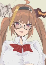 Rule 34 | 1girl, ahoge, alternate costume, alternate hairstyle, black-framed eyewear, bow, bowtie, breasts, glasses, hairband, highres, hololive, horn bow, horns, kiryu coco, large breasts, long hair, looking at viewer, multicolored hair, open mouth, orange hair, pointy ears, red bow, red eyes, semi-rimless eyewear, shirt, simple background, smug, streaked hair, striped, striped bow, tagicrabbu, taut clothes, taut shirt, twintails, under-rim eyewear, upper body, virtual youtuber, white bow, white shirt