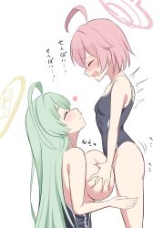 1futa 1girl absurdres ahoge bare_arms black_one-piece_swimsuit blue_archive blush breasts closed_mouth clothes_pull from_side futa_with_female futanari grabbing_another&#039;s_breast green_hair groping halo heart highres hoshino_(blue_archive) implied_futanari large_breasts long_hair mendako1208 one-piece_swimsuit one-piece_swimsuit_pull open_mouth paizuri pink_hair pink_halo short_hair simple_background small_breasts smile swimsuit white_background yellow_halo yume_(blue_archive)
