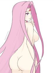 angrymattew ass breasts completely_nude fate/stay_night fate_(series) highres medium_breasts medusa_(fate) medusa_(rider)_(fate) nude purple_eyes purple_hair square_pupils