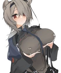 Rule 34 | 1girl, absinthe (arknights), animal ears, arknights, bear ears, black necktie, blush, breast hold, breasts, closed mouth, covered erect nipples, cowboy shot, grey hair, grey shirt, hair between eyes, hairband, highres, lactation, lactation through clothes, large breasts, long sleeves, looking at viewer, mikozin, necktie, red eyes, shirt, short hair, simple background, solo, strap, sweatdrop, white background
