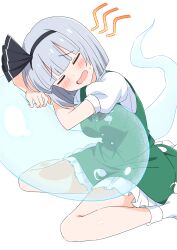 1girl black_hairband blush closed_eyes commentary_request green_skirt green_vest grey_hair hairband highres hitodama hitodama_print kamuraaa_615 konpaku_youmu konpaku_youmu_(ghost) open_mouth puffy_short_sleeves puffy_sleeves shirt short_sleeves simple_background sitting skirt skirt_set socks squiggle sweatdrop touhou vest wariza white_background white_shirt white_socks