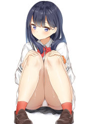Rule 34 | 10s, 1girl, black hair, black skirt, blue eyes, blush, bow, bowtie, brown footwear, cardigan, closed mouth, collared shirt, commentary request, gridman universe, hair between eyes, hands on own knees, highres, hikashou, loafers, long hair, long sleeves, orange scrunchie, panties, red bow, red bowtie, red socks, scrunchie, shirt, shoes, simple background, sitting, skirt, socks, solo, ssss.gridman, takarada rikka, underwear, white background, white cardigan, white panties, white shirt, wrist scrunchie