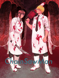 Rule 34 | 1boy, 1girl, apron, black necktie, black pants, blonde hair, blood, blood on clothes, blood on shoes, bloody weapon, brown hair, butcher, chainsaw, chainsaw man, collared shirt, copyright name, denji (chainsaw man), drgryu750, food, gloves, hanging food, higashiyama kobeni, highres, holding, holding chainsaw, looking at viewer, machete, meat, mole, mole under eye, necktie, pants, shirt, shirt tucked in, short hair, short ponytail, sideways glance, single sidelock, sleeves rolled up, weapon, white apron, white gloves, white shirt, yellow eyes