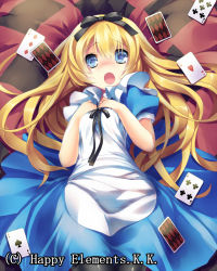 Rule 34 | 1girl, :o, alice (alice in wonderland), alice in wonderland, amamine, bad id, bad pixiv id, blonde hair, blue eyes, blush, bow, card, hair bow, hair ornament, hair ribbon, long hair, looking at viewer, lying, majoca majoluna, official art, open mouth, playing card, ribbon, solo, wavy mouth