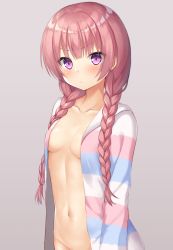 Rule 34 | 1girl, blunt bangs, blush, braid, breasts, cardigan, cleavage, closed mouth, collarbone, grey background, highres, hood, hood down, hooded cardigan, long hair, long sleeves, low twin braids, low twintails, mitsukasa ayase, naked cardigan, navel, pink eyes, pink hair, riddle joker, simple background, small breasts, solo, standing, striped cardigan, twin braids, twintails