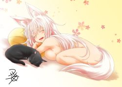Rule 34 | 1girl, animal ear fluff, animal ears, blush, breasts, cat, completely nude, curled up, eyebrows, fang, fox ears, fox tail, kohaku (yua), large breasts, long hair, multiple tails, nekomata, nude, open mouth, original, signature, sleeping, smile, solo, tail, thick eyebrows, two tails, white hair, yua (checkmate)