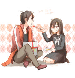 Rule 34 | 1boy, 1girl, argyle, argyle background, argyle clothes, asahimachi, black eyes, black hair, black sailor collar, black serafuku, black shirt, black socks, box, brown footwear, brown hair, cake, cake slice, casual, character name, closed mouth, collarbone, collared jacket, commentary request, cream, dated, double-parted bangs, feeding, food, fringe trim, from side, fruit, full body, gift, gift box, grey pants, hair between eyes, hair ornament, hairclip, happy birthday, highres, holding, holding plate, holding spoon, indian style, jacket, kagerou project, kisaragi shintarou, kneehighs, loafers, long bangs, long hair, long sleeves, looking at another, neckerchief, open clothes, open jacket, pants, partial commentary, pink background, plate, pleated skirt, popped collar, red eyes, red jacket, red ribbon, red scarf, ribbon, sailor collar, scales, scarf, school uniform, serafuku, shirt, shoes, short hair, single stripe, single vertical stripe, sitting, skirt, slit pupils, smile, socks, spoon, straight hair, strawberry, striped, sweat, t-shirt, tateyama ayano, unworn scarf, unzipped, v-neck, white background, white neckerchief, white stripes