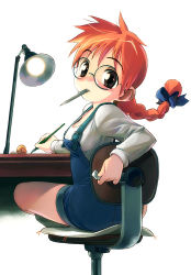 Rule 34 | braid, desk, glasses, mouth hold, overall shorts, overalls, pi-po, red hair, satou toshiyuki, single braid, solo