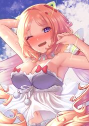 Rule 34 | 1girl, absurdres, aki rosenthal, aki rosenthal (sleepwear), arm up, armpits, arms up, babydoll, blonde hair, blue eyes, blue sky, blush, bob cut, breasts, camisole, cleavage, cloud, cloudy sky, collarbone, commentary, detached hair, embarrassed, frilled camisole, frills, hair intakes, hair ornament, headgear, highres, hololive, huusri, large breasts, looking at viewer, low twintails, navel, nose blush, official alternate costume, one eye closed, open mouth, parted bangs, pom pom (clothes), purple babydoll, see-through, short hair, sky, solo, stomach, twintails, upper body, virtual youtuber, wavy mouth