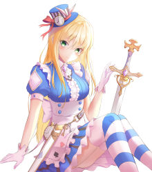 Rule 34 | 1girl, absurdres, alice (alice in wonderland), alice in wonderland, apron, bad id, bad pixiv id, bexercube, blonde hair, blue hat, blue shirt, blue skirt, blush, clock, closed mouth, dress shirt, frilled apron, frilled skirt, frills, gloves, green eyes, hair between eyes, hat, hat ribbon, highres, long hair, looking at viewer, miniskirt, necktie, red ribbon, ribbon, shirt, short necktie, short sleeves, simple background, sitting, skirt, smile, solo, straight hair, striped clothes, striped skirt, striped thighhighs, sword, thighhighs, vertical-striped clothes, vertical-striped skirt, very long hair, weapon, white apron, white background, white gloves