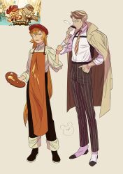 Rule 34 | 1boy, 1girl, almond cookie, apron, black pants, brown background, brown coat, brown hair, butter pretzel cookie, closed mouth, coat, coat on shoulders, cookie run, cup, full body, grey eyes, highres, holding, holding cup, holding palette, holster, humanization, long hair, necktie, orange apron, orange hair, palette (object), pants, reference inset, shirt, shoulder holster, striped clothes, striped necktie, striped pants, uochandayo, vertical-striped clothes, vertical-striped pants, very long hair, white footwear, white shirt