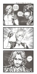 Rule 34 | 2boys, 3koma, absurdres, animal ears, beard, cat ears, comic, commentary, english commentary, english text, facial hair, finalcake, fingerless gloves, gloves, greyscale, grin, highres, jacket, kemonomimi mode, knife sheath, knife sheath, leon s. kennedy, luis sera, male focus, metal gear (series), metal gear solid 2: sons of liberty, monochrome, multiple boys, muscular, muscular male, parody, pointing, pointing at self, resident evil, resident evil 4, resident evil 4 (remake), sheath, signature, smile