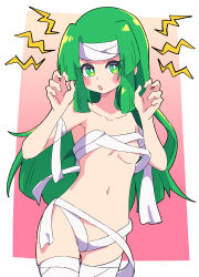 Rule 34 | 1girl, absurdres, arms up, blush stickers, breasts, buzzlyears, capcom, collarbone, female focus, gradient background, green eyes, green hair, headband, highres, lightning bolt symbol, long hair, looking at viewer, mega man (series), mega man battle network, mummy costume, navel, open mouth, sal (mega man), simple background, small breasts, solo