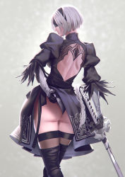 Rule 34 | 1girl, adjusting clothes, adjusting leotard, ass, black dress, blindfold, bow, clothes lift, dress, dress lift, feather-trimmed sleeves, gloves, hair bow, highres, juliet sleeves, katana, leotard, long sleeves, moruga, nier (series), nier:automata, puffy sleeves, short dress, short hair, skindentation, solo, sword, thighs, weapon, wedgie, white hair, 2b (nier:automata)