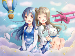 Rule 34 | 2girls, aircraft, airplane, blue hair, blush, closed eyes, commentary request, dress, grey hair, hair between eyes, hair ornament, hairclip, highres, holding, long hair, long sleeves, love live!, love live! school idol festival, love live! school idol project, minami kotori, multiple girls, one side up, open mouth, short sleeves, sitting, skirt, smile, sonoda umi, stuffed animal, stuffed toy, yellow eyes