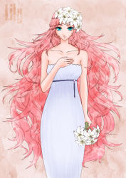 Rule 34 | 1girl, aqua eyes, dress, flower, hand on own chest, highres, holding, koz, lily (flower), long hair, looking at viewer, megurine luka, pink hair, solo, strapless, strapless dress, very long hair, vocaloid, white dress