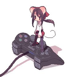 Rule 34 | 1girl, animal ears, controller, game console, game controller, lowres, mini person, minigirl, mitsuki mouse, mouse ears, mouse tail, oekaki, original, pixel art, playing games, playstation 2, ponytail, product placement, solo, tail, video game
