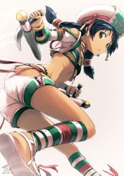 Rule 34 | 1girl, :o, ass, black eyes, black hair, breasts, dagger, dual wielding, grey background, hair ornament, hat, highres, holding, holding dagger, holding knife, holding weapon, jacket, knife, long hair, long sleeves, looking at viewer, looking to the side, navel, parted lips, sandals, short shorts, shorts, simple background, small breasts, solo, soul calibur, soulcalibur, soulcalibur vi, talim, tea (nakenashi), tonfa, underboob, weapon, white footwear, white hat, white jacket, white shorts