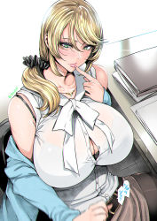 Rule 34 | 1girl, bare shoulders, belt, black bra, blonde hair, bra, breasts, bursting breasts, buttons, cleavage, closed mouth, collar, collarbone, desk, ellen baker, fei (maidoll), female focus, finger to mouth, green eyes, handjob, highres, huge breasts, implied sex, jewelry, lips, long hair, long sleeves, looking at viewer, motion blur, new horizon, pantyhose, scrunchie, see-through, sexually suggestive, sitting, skirt, smile, solo, sound effects, translated, underwear