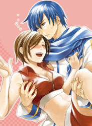 Rule 34 | 1boy, 1girl, bad id, bad pixiv id, blue eyes, blue hair, blue scarf, blush, grabbing another&#039;s breast, breasts, brown hair, carrying, cleavage, closed eyes, drunk, grabbing, hetero, kaito (vocaloid), meiko (vocaloid), scarf, short hair, smile, sweatdrop, toyu, vocaloid