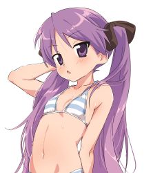 Rule 34 | 1girl, arm behind head, bikini, black ribbon, blush, breasts, collarbone, commentary request, hair ribbon, hand up, highres, hiiragi kagami, hotaru iori, ichimi renge, linea alba, long hair, looking at viewer, lucky star, navel, open mouth, purple eyes, purple hair, ribbon, simple background, small breasts, solo, stomach, striped bikini, striped clothes, swimsuit, twintails, upper body, very long hair, water drop, wet, wet hair, white background